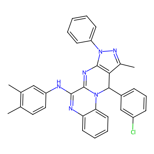 11-(3-chlorophenyl)-N-(3,4-dimethylphenyl)-10-methyl-8-phenyl-8,11-dihydropyrazolo[3',4':4,5]pyrimido[1,2-a]quinoxalin-6-amine structure