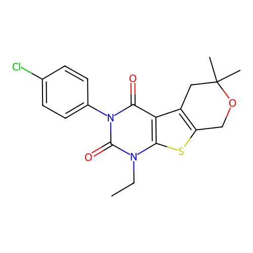 3-(4-chlorophenyl)-1-ethyl-6,6-dimethyl-5,6-dihydro-1H-pyrano[4',3':4,5]thieno[2,3-d]pyrimidine-2,4(3H,8H)-dione structure