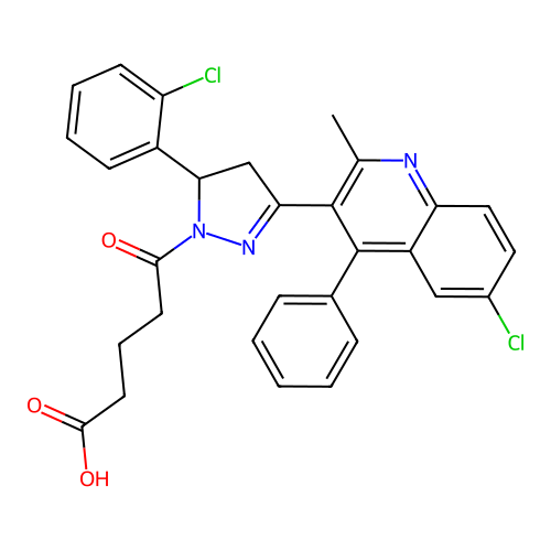 5-[3-(6-chloro-2-methyl-4-phenylquinolin-3-yl)-5-(2-chlorophenyl)-4,5-dihydro-1H-pyrazol-1-yl]-5-oxopentanoic acid structure