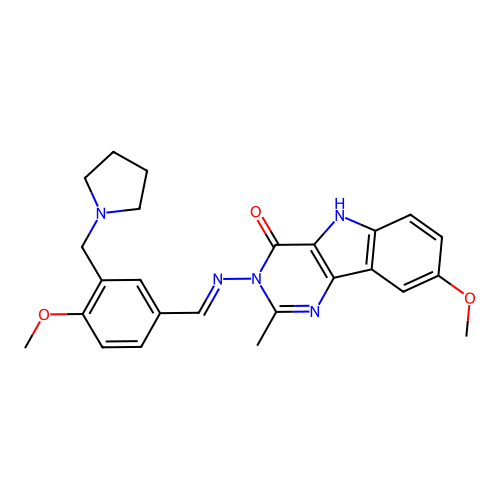 (E)-8-methoxy-3-((4-methoxy-3-(pyrrolidin-1-ylmethyl)benzylidene)amino)-2-methyl-3H-pyrimido[5,4-b]indol-4(5H)-one structure