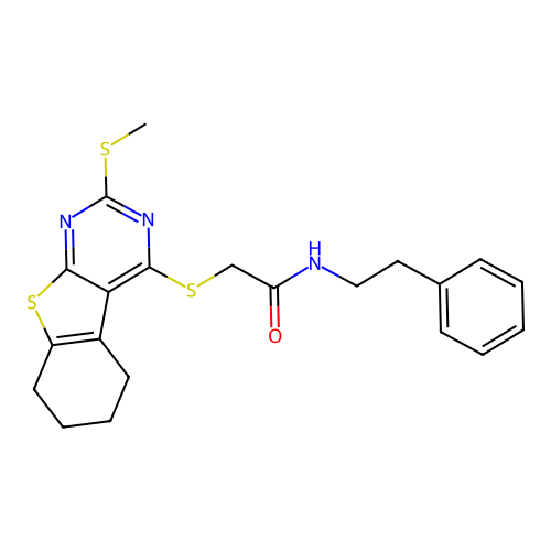 2-((2-(methylthio)-5,6,7,8-tetrahydrobenzo[4,5]thieno[2,3-d]pyrimidin-4-yl)thio)-N-phenethylacetamide structure