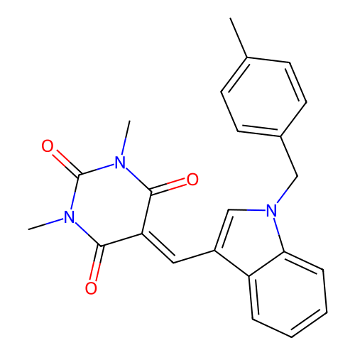 1,3-dimethyl-5-((1-(4-methylbenzyl)-1H-indol-3-yl)methylene)pyrimidine-2,4,6(1H,3H,5H)-trione structure