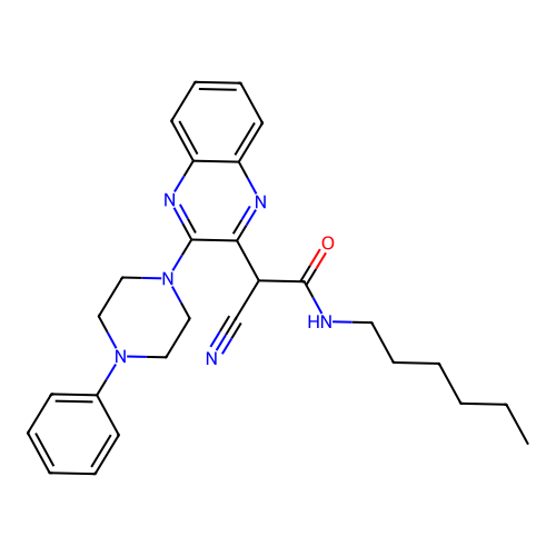 2-cyano-N-hexyl-2-[3-(4-phenylpiperazin-1-yl)quinoxalin-2-yl]acetamide structure