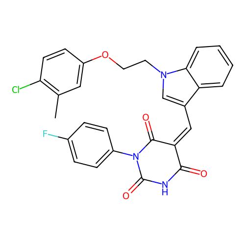 (Z)-5-((1-(2-(4-chloro-3-methylphenoxy)ethyl)-1H-indol-3-yl)methylene)-1-(4-fluorophenyl)pyrimidine-2,4,6(1H,3H,5H)-trione structure