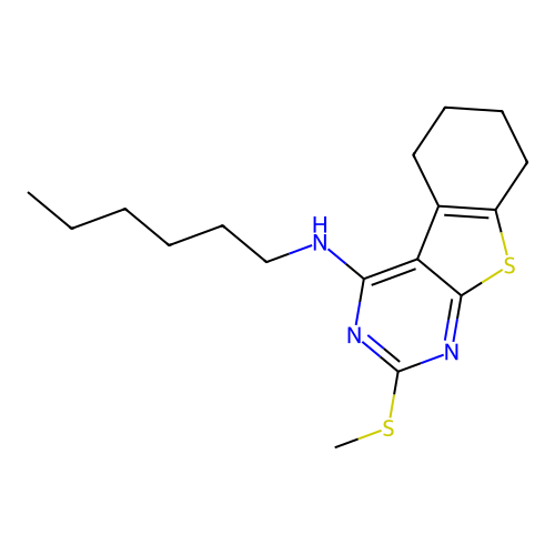 N-hexyl-2-(methylsulfanyl)-5,6,7,8-tetrahydro[1]benzothieno[2,3-d]pyrimidin-4-amine structure