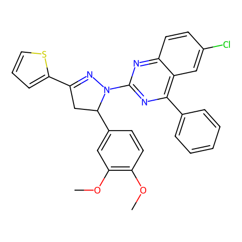 6-chloro-2-(5-(3,4-dimethoxyphenyl)-3-(thiophen-2-yl)-4,5-dihydro-1H-pyrazol-1-yl)-4-phenylquinazoline structure