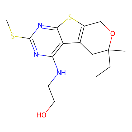 2-((6-ethyl-6-methyl-2-(methylthio)-6,8-dihydro-5H-pyrano[4',3':4,5]thieno[2,3-d]pyrimidin-4-yl)amino)ethanol structure