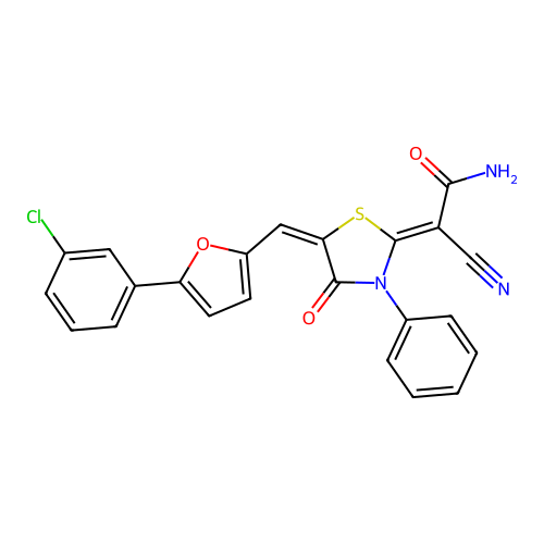 (2Z)-2-[(5E)-5-[[5-(3-chlorophenyl)furan-2-yl]methylidene]-4-oxo-3-phenyl-1,3-thiazolidin-2-ylidene]-2-cyanoacetamide structure