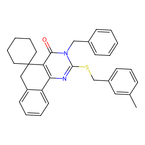3-benzyl-2-((3-methylbenzyl)thio)-3H-spiro[benzo[h]quinazoline-5,1'-cyclohexan]-4(6H)-one structure