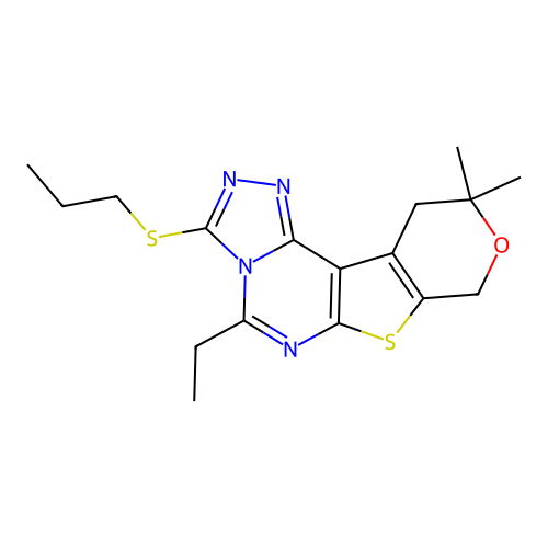 5-ethyl-10,10-dimethyl-3-(propylsulfanyl)-10,11-dihydro-8H-pyrano[4',3':4,5]thieno[3,2-e][1,2,4]triazolo[4,3-c]pyrimidine structure
