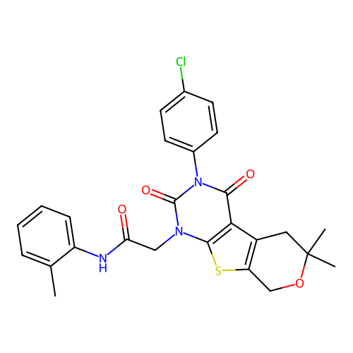 2-(3-(4-chlorophenyl)-6,6-dimethyl-2,4-dioxo-2,3,4,5,6,8-hexahydro-1H-pyrano[4',3':4,5]thieno[2,3-d]pyrimidin-1-yl)-N-(o-tolyl)acetamide structure