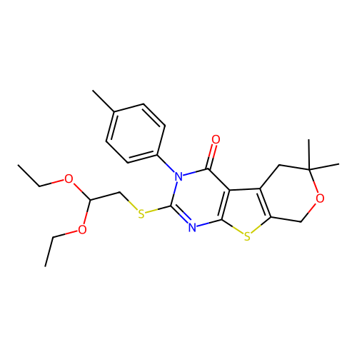 2-((2,2-diethoxyethyl)thio)-6,6-dimethyl-3-(p-tolyl)-5,6-dihydro-3H-pyrano[4',3':4,5]thieno[2,3-d]pyrimidin-4(8H)-one structure