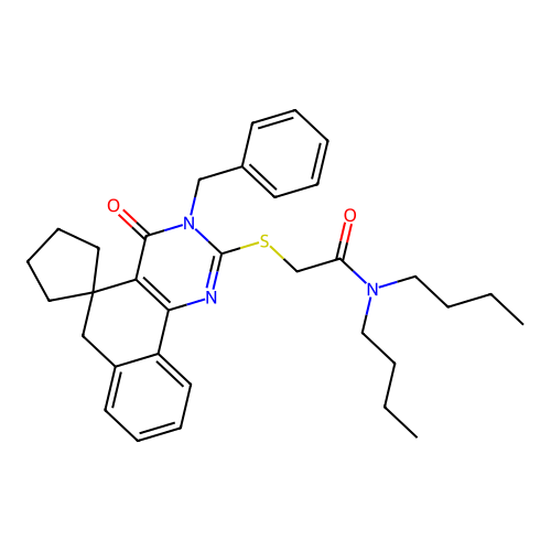 2-((3-benzyl-4-oxo-4,6-dihydro-3H-spiro[benzo[h]quinazoline-5,1'-cyclopentan]-2-yl)thio)-N,N-dibutylacetamide structure