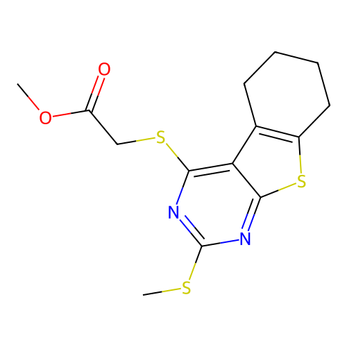 methyl {[2-(methylsulfanyl)-5,6,7,8-tetrahydro[1]benzothieno[2,3-d]pyrimidin-4-yl]sulfanyl}acetate structure