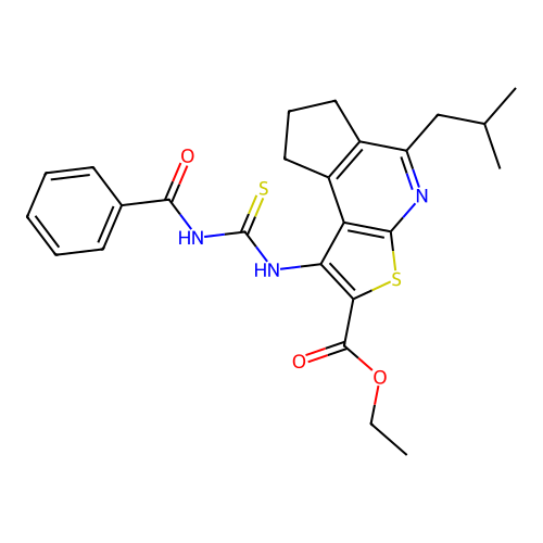 ethyl 1-(3-benzoylthioureido)-5-isobutyl-7,8-dihydro-6H-cyclopenta[d]thieno[2,3-b]pyridine-2-carboxylate structure