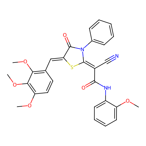 (Z)-2-cyano-N-(2-methoxyphenyl)-2-((Z)-4-oxo-3-phenyl-5-(2,3,4-trimethoxybenzylidene)thiazolidin-2-ylidene)acetamide structure