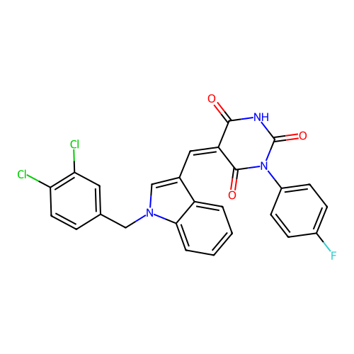 (5Z)-5-[[1-[(3,4-dichlorophenyl)methyl]indol-3-yl]methylidene]-1-(4-fluorophenyl)-1,3-diazinane-2,4,6-trione structure