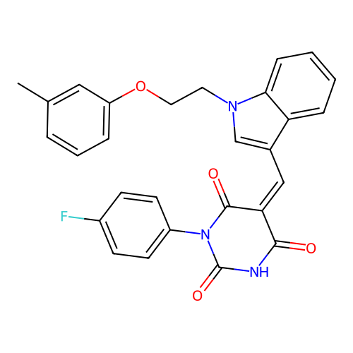 (Z)-1-(4-fluorophenyl)-5-((1-(2-(m-tolyloxy)ethyl)-1H-indol-3-yl)methylene)pyrimidine-2,4,6(1H,3H,5H)-trione structure
