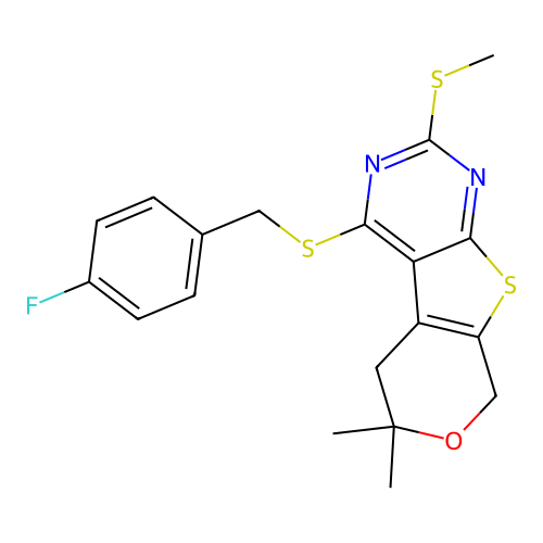 4-((4-fluorobenzyl)thio)-6,6-dimethyl-2-(methylthio)-6,8-dihydro-5H-pyrano[4',3':4,5]thieno[2,3-d]pyrimidine structure