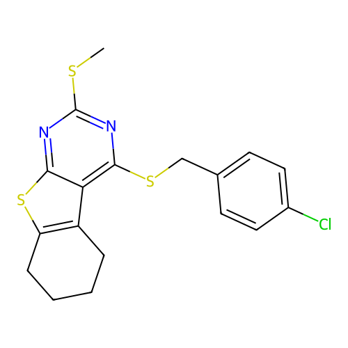 4-((4-chlorobenzyl)thio)-2-(methylthio)-5,6,7,8-tetrahydrobenzo[4,5]thieno[2,3-d]pyrimidine structure