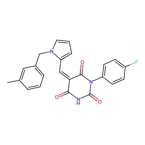 (Z)-1-(4-fluorophenyl)-5-((1-(3-methylbenzyl)-1H-pyrrol-2-yl)methylene)pyrimidine-2,4,6(1H,3H,5H)-trione structure