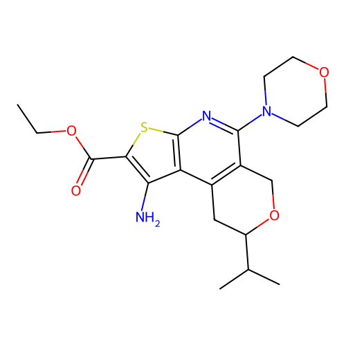ethyl 1-amino-5-(morpholin-4-yl)-8-(propan-2-yl)-8,9-dihydro-6H-pyrano[4,3-d]thieno[2,3-b]pyridine-2-carboxylate structure