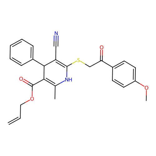 allyl 5-cyano-6-((2-(4-methoxyphenyl)-2-oxoethyl)thio)-2-methyl-4-phenyl-1,4-dihydropyridine-3-carboxylate structure