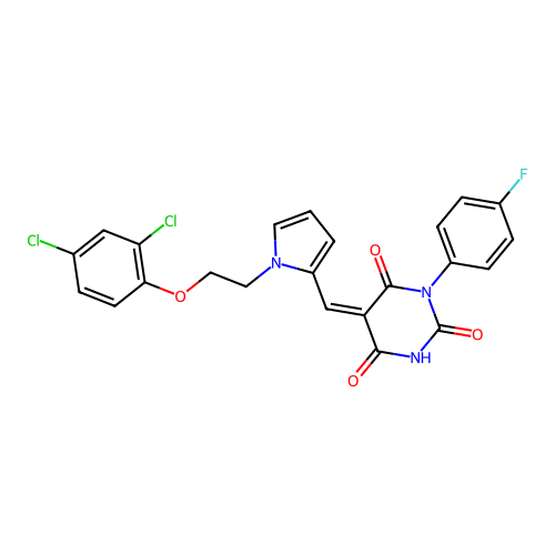 (5Z)-5-[[1-[2-(2,4-dichlorophenoxy)ethyl]pyrrol-2-yl]methylidene]-1-(4-fluorophenyl)-1,3-diazinane-2,4,6-trione structure