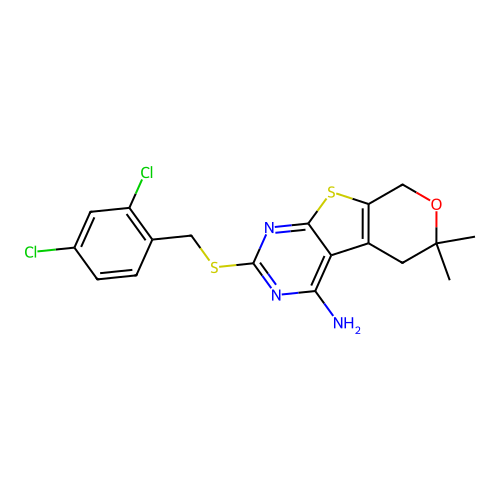 2-((2,4-dichlorobenzyl)thio)-6,6-dimethyl-6,8-dihydro-5H-pyrano[4',3':4,5]thieno[2,3-d]pyrimidin-4-amine structure