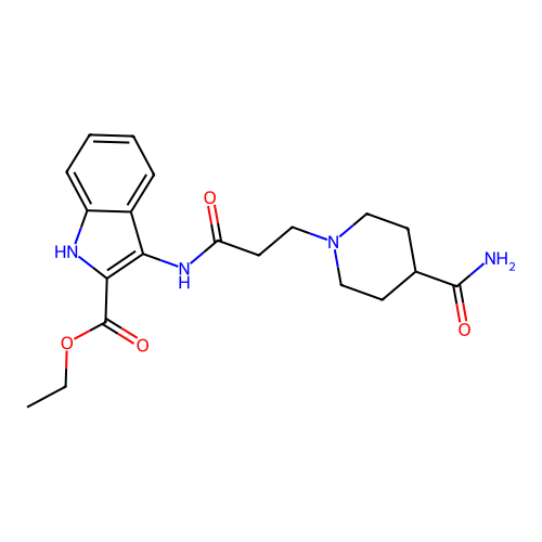 ethyl 3-{[3-(4-carbamoylpiperidin-1-yl)propanoyl]amino}-1H-indole-2-carboxylate structure