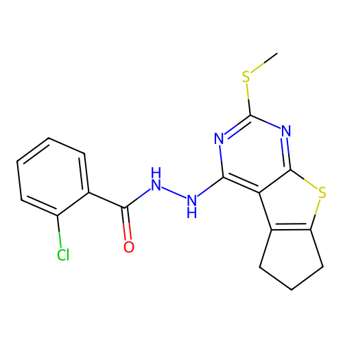 2-chloro-N'-(2-(methylthio)-6,7-dihydro-5H-cyclopenta[4,5]thieno[2,3-d]pyrimidin-4-yl)benzohydrazide structure