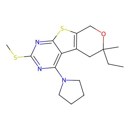 6-ethyl-6-methyl-2-(methylsulfanyl)-4-(pyrrolidin-1-yl)-5,8-dihydro-6H-pyrano[4',3':4,5]thieno[2,3-d]pyrimidine structure