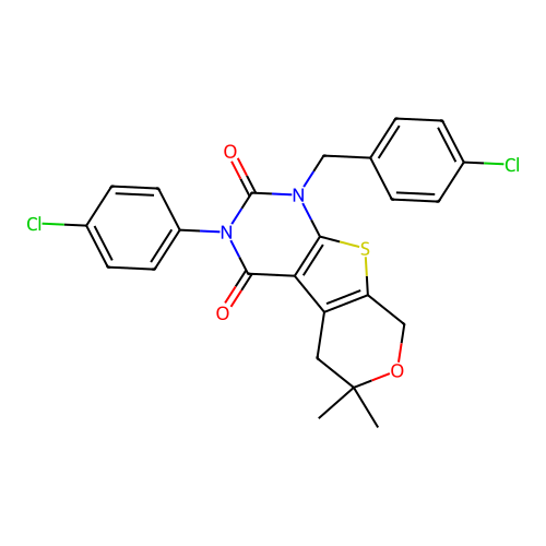 1-(4-chlorobenzyl)-3-(4-chlorophenyl)-6,6-dimethyl-5,6-dihydro-1H-pyrano[4',3':4,5]thieno[2,3-d]pyrimidine-2,4(3H,8H)-dione structure
