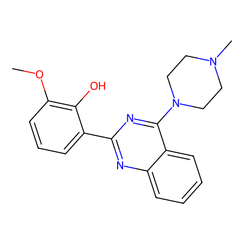 2-methoxy-6-[4-(4-methyl-1-piperazinyl)-1H-quinazolin-2-ylidene]-1-cyclohexa-2,4-dienone structure