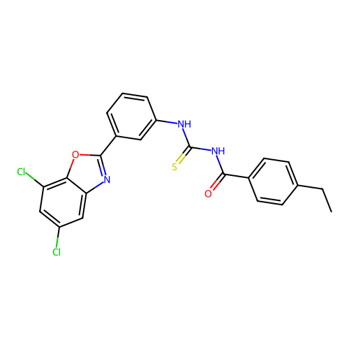 N-{[3-(5,7-dichloro-1,3-benzoxazol-2-yl)phenyl]carbamothioyl}-4-ethylbenzamide structure
