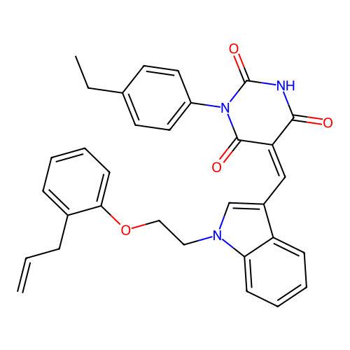 (5Z)-1-(4-ethylphenyl)-5-[(1-{2-[2-(prop-2-en-1-yl)phenoxy]ethyl}-1H-indol-3-yl)methylidene]pyrimidine-2,4,6(1H,3H,5H)-trione structure