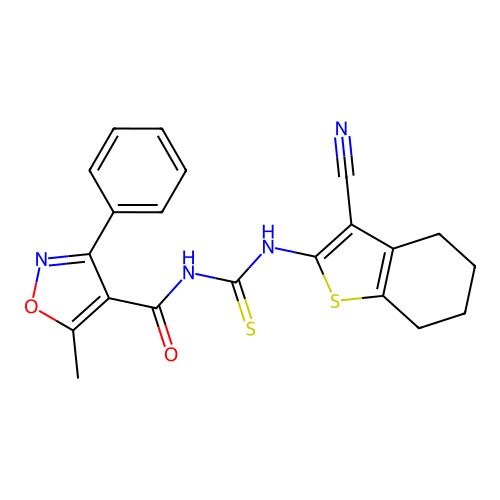 N-[(3-cyano-4,5,6,7-tetrahydro-1-benzothiophen-2-yl)carbamothioyl]-5-methyl-3-phenyl-1,2-oxazole-4-carboxamide structure