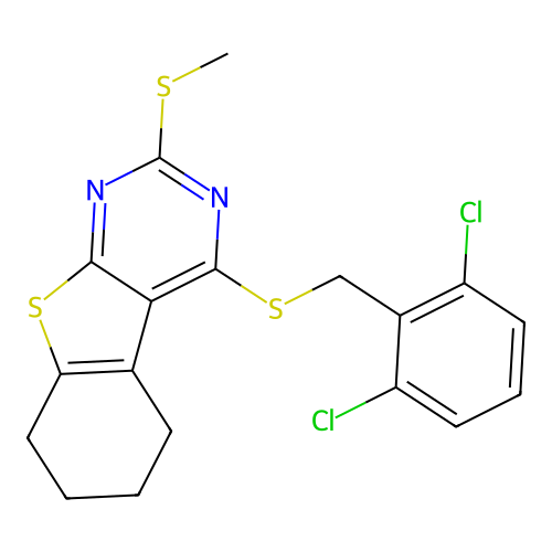 4-((2,6-dichlorobenzyl)thio)-2-(methylthio)-5,6,7,8-tetrahydrobenzo[4,5]thieno[2,3-d]pyrimidine structure