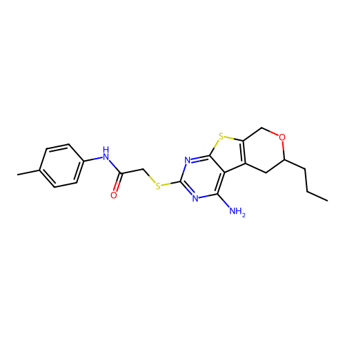 2-((4-amino-6-propyl-6,8-dihydro-5H-pyrano[4',3':4,5]thieno[2,3-d]pyrimidin-2-yl)thio)-N-(p-tolyl)acetamide structure