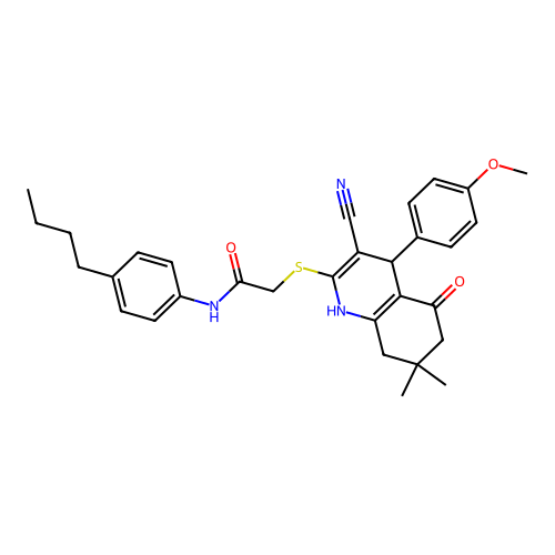 N-(4-butylphenyl)-2-((3-cyano-4-(4-methoxyphenyl)-7,7-dimethyl-5-oxo-1,4,5,6,7,8-hexahydroquinolin-2-yl)thio)acetamide structure