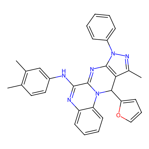 N-(3,4-dimethylphenyl)-11-(furan-2-yl)-10-methyl-8-phenyl-8,11-dihydropyrazolo[3',4':4,5]pyrimido[1,2-a]quinoxalin-6-amine structure