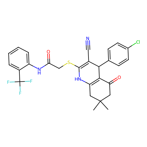 2-((4-(4-chlorophenyl)-3-cyano-7,7-dimethyl-5-oxo-1,4,5,6,7,8-hexahydroquinolin-2-yl)thio)-N-(2-(trifluoromethyl)phenyl)acetamide structure