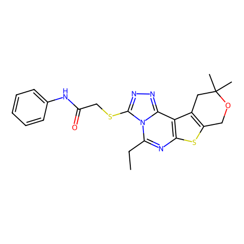 2-((5-ethyl-10,10-dimethyl-10,11-dihydro-8H-pyrano[4',3':4,5]thieno[3,2-e][1,2,4]triazolo[4,3-c]pyrimidin-3-yl)thio)-N-phenylacetamide structure