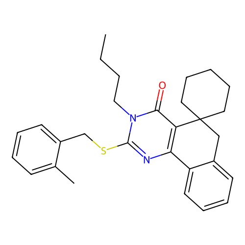 3-butyl-2-((2-methylbenzyl)thio)-3H-spiro[benzo[h]quinazoline-5,1'-cyclohexan]-4(6H)-one structure