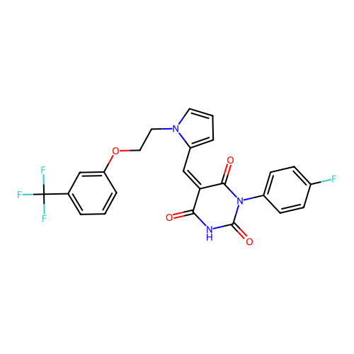 (5Z)-1-(4-fluorophenyl)-5-[[1-[2-[3-(trifluoromethyl)phenoxy]ethyl]pyrrol-2-yl]methylidene]-1,3-diazinane-2,4,6-trione structure