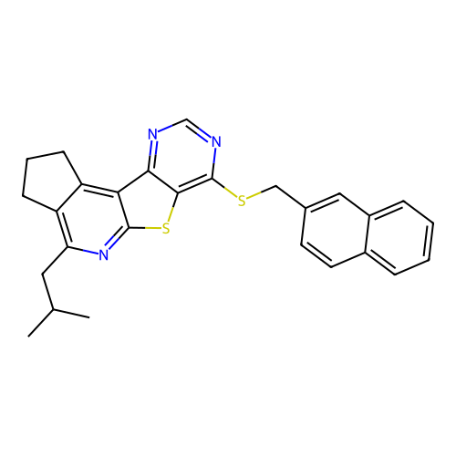 4-(2-methylpropyl)-7-[(naphthalen-2-ylmethyl)sulfanyl]-2,3-dihydro-1H-cyclopenta[4',5']pyrido[3',2':4,5]thieno[3,2-d]pyrimidine structure