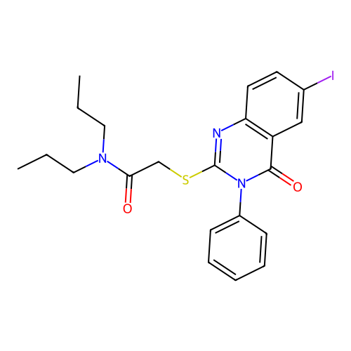 2-((6-iodo-4-oxo-3-phenyl-3,4-dihydroquinazolin-2-yl)thio)-N,N-dipropylacetamide structure