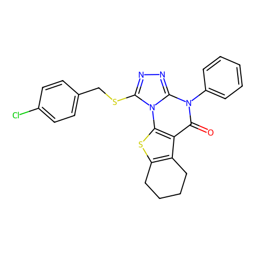 1-((4-chlorobenzyl)thio)-4-phenyl-6,7,8,9-tetrahydrobenzo[4,5]thieno[3,2-e][1,2,4]triazolo[4,3-a]pyrimidin-5(4H)-one structure