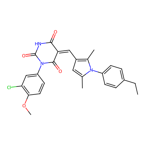 (5Z)-1-(3-chloro-4-methoxyphenyl)-5-[[1-(4-ethylphenyl)-2,5-dimethylpyrrol-3-yl]methylidene]-1,3-diazinane-2,4,6-trione structure