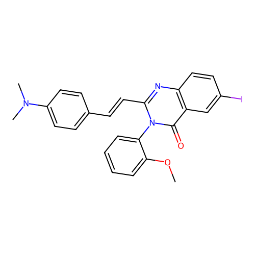 (E)-2-(4-(dimethylamino)styryl)-6-iodo-3-(2-methoxyphenyl)quinazolin-4(3H)-one structure